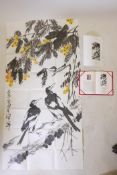 A Chinese watercolour of birds in a landscape, with associated catalogue and certificate, 27" x 53"