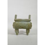 A Chinese celadon glazed pottery censer, 7" x 5", 8" high