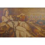 A hand finished print on canvas of an Odalisque with a tambourine reclining on a bed, 35½" x 22"