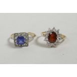 A 9ct gold lady's dress ring set with a sapphire encircled by smaller stones and another similar set