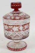 A Bohemian flash cut ruby and clear glass sweet jar and cover on pedestal base, 7" high