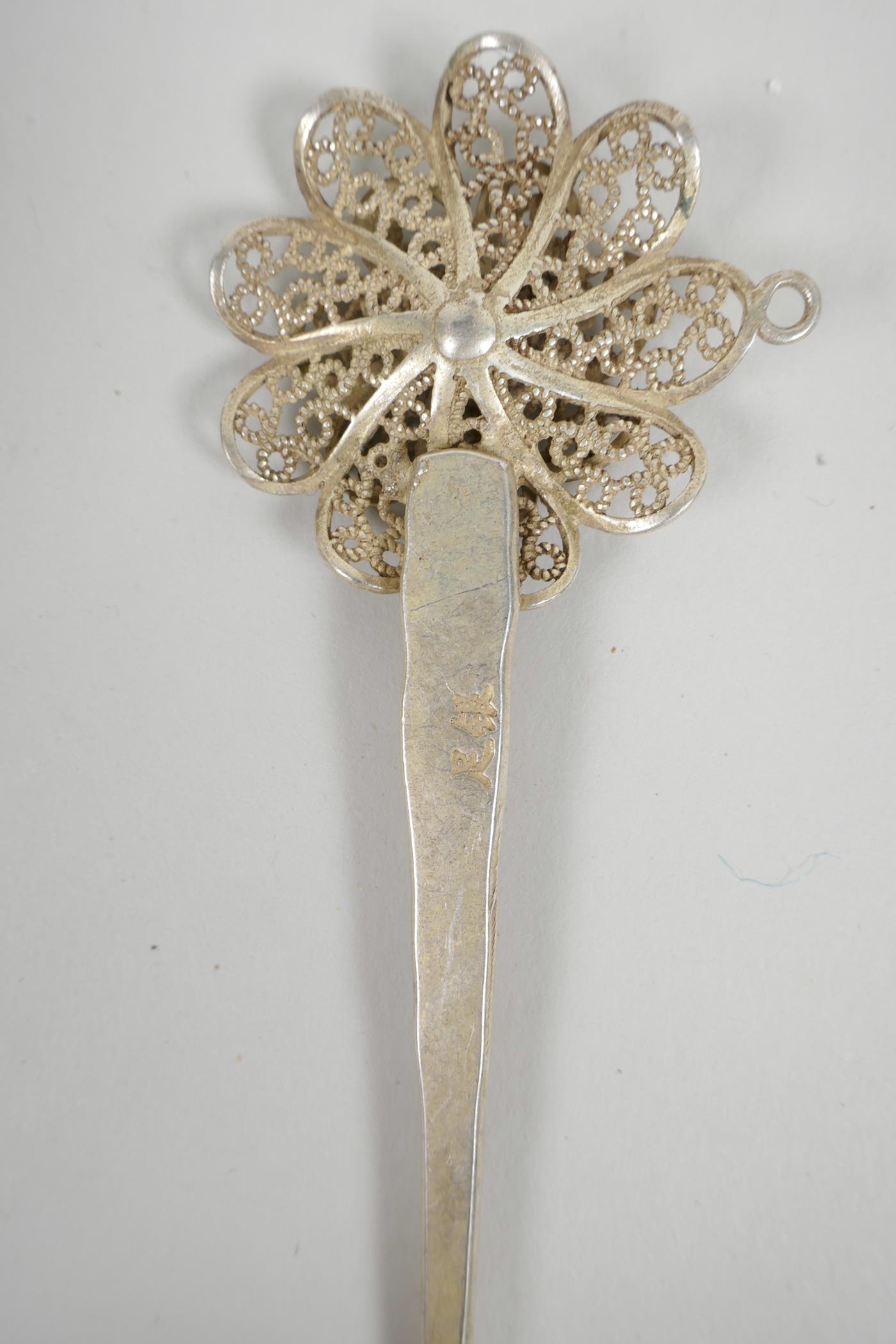 Three Chinese silvered metal hairpins with floral and peacock decoration, impressed character marks, - Image 5 of 7