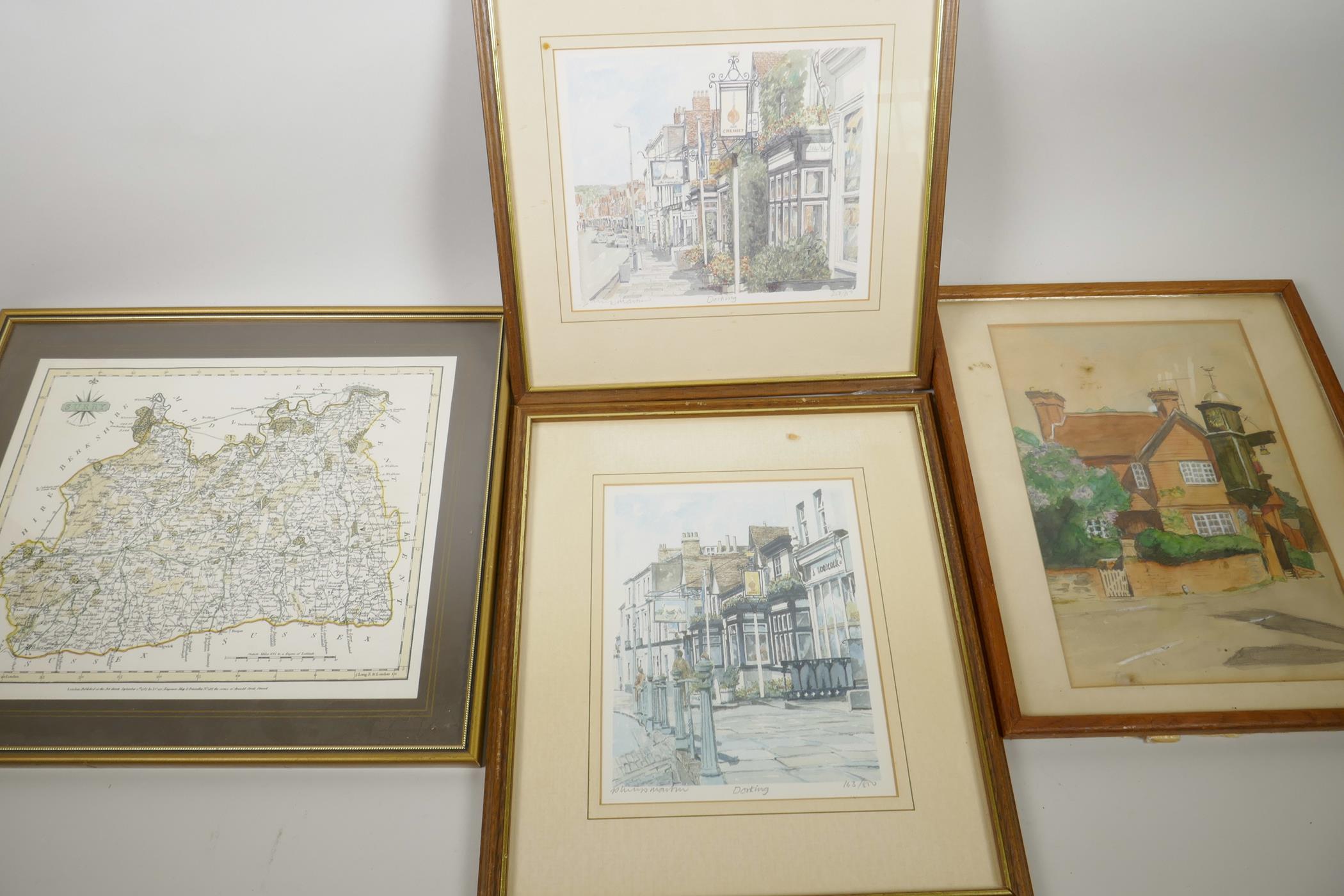 Two limited edition colour prints of Dorking High street, signed and numbered, largest 6" x 7½",
