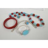 A quantity of jewellery including a lacquer bangle, Mexican silver and turquoise bracelet and