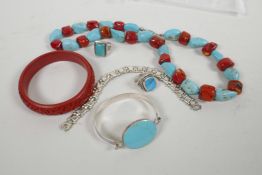 A quantity of jewellery including a lacquer bangle, Mexican silver and turquoise bracelet and