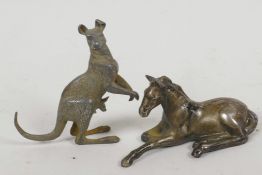 A small cast metal figurine of a kangaroo and joey, 3" high, together with a cast metal figure of