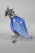 A blue glass and silver plate claret jug in the form of a parrot, 6" high