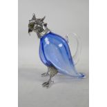 A blue glass and silver plate claret jug in the form of a parrot, 6" high