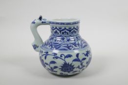 A Chinese blue and white porcelain wine vessel with scrolling lotus flower decoration, six character