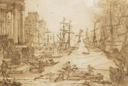 Claude Lorraine, etching of lightermen working in a busy harbour taken from a drawing in the