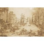 Claude Lorraine, etching of lightermen working in a busy harbour taken from a drawing in the