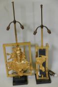 A contemporary gilt metal two light table lamp with applied plaque depicting Quan Yin, 36" high,