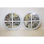 A pair of contemporary painted and distressed circular wall mirrors, 28½" diameter