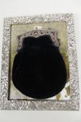 An Eastern silver photo frame marked 900, 72 x 9", together with a C19th velvet evening purse with