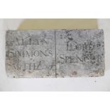 A carved dedication stone inscribed 'Alfyn Simmons Smith esq, Lord Spencer', 24" x 12"