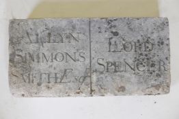 A carved dedication stone inscribed 'Alfyn Simmons Smith esq, Lord Spencer', 24" x 12"