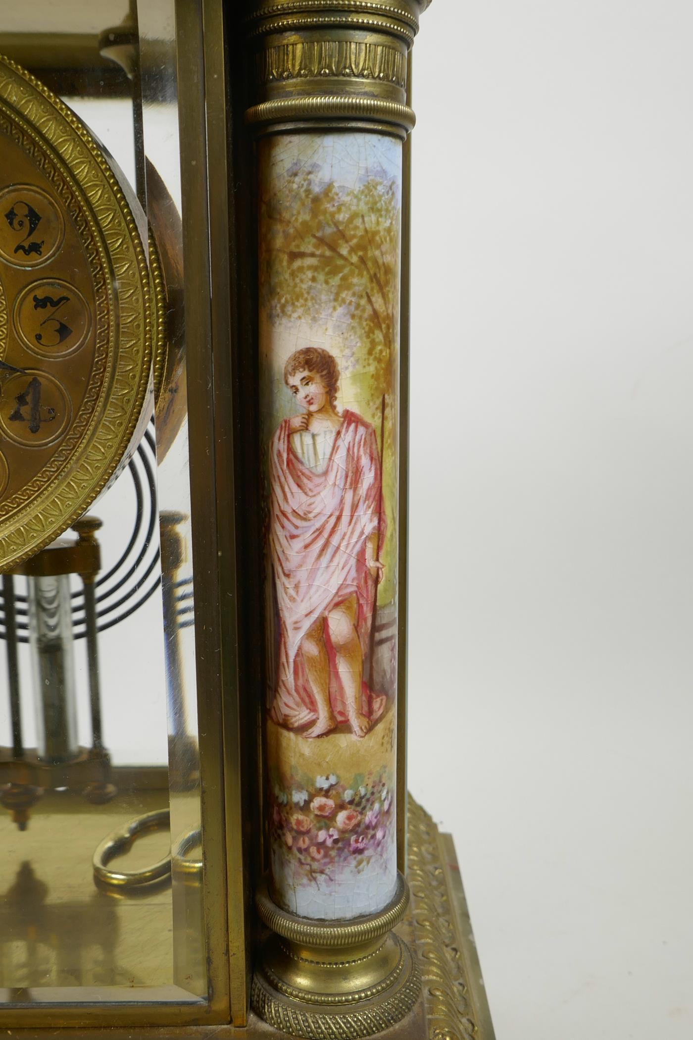 A French onyx and brass cased portico clock with enamelled columns decorated with classical maidens, - Image 3 of 5