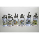 A set of six German porcelain Imperial military regimental commemorative tankards detailing