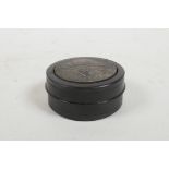 A German reproduction wood and metal snuff box, 2½" diameter