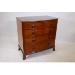 A C19th mahogany bowfront chest of four long drawers, raised on swept supports, reduced, 34" x 21" x