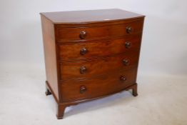 A C19th mahogany bowfront chest of four long drawers, raised on swept supports, reduced, 34" x 21" x