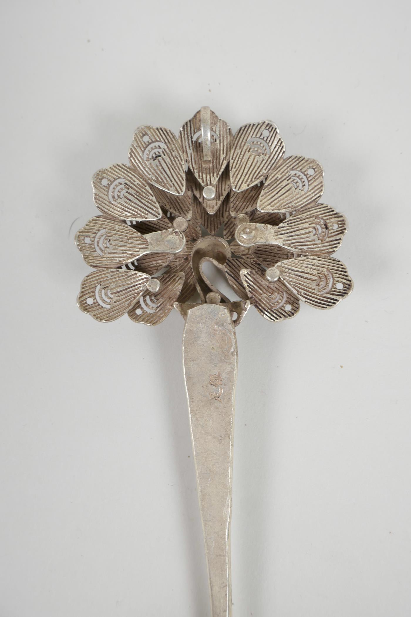 Three Chinese silvered metal hairpins with floral and peacock decoration, impressed character marks, - Image 3 of 7