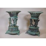 A pair of bronze Empire style pierced garden planters with harpy decoration and verdigris patina,