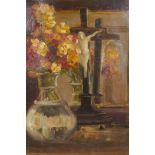 Still life with wallflowers, inscribed verso 'H. Cauchois', 16" x 12"