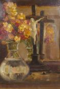 Still life with wallflowers, inscribed verso 'H. Cauchois', 16" x 12"