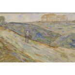 Gyrth Russel, landscape with figure on a country road, signed Gyrth, watercolour, 11½" x 15"