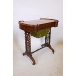 A Victorian rosewood work box with shaped galleried ends, raised on pierced and barley twist