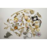 A box of costume jewellery etc including a gold plated vesta case etc