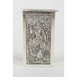 A white metal vesta case with repoussé mermaid decoration, stamped 800 to inside, 1" x 2"