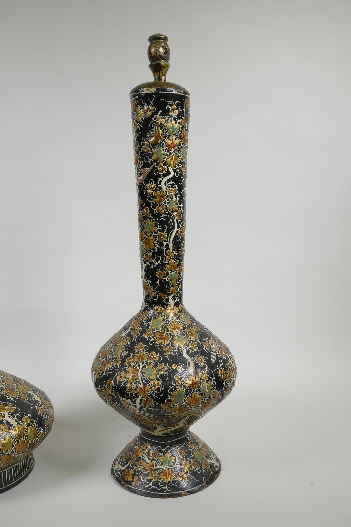 A Kashmiri papier mâché and brass hookah base, and another similar, decorated with birds amongst - Image 6 of 8