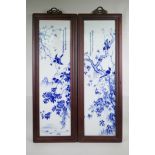 A pair of Chinese blue and white porcelain panels in hardwood frames, decorated with birds amongst