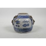 A Chinese blue and white porcelain jar with applied raised dragon head decoration, 4½" high