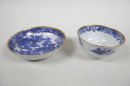 A C18th Caughley blue and white porcelain 'Island' tea bowl, with a Caughley porcelain 'Temple'