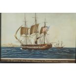 Studies of American and British frigates, pair of maplewood framed watercolours on print bases,