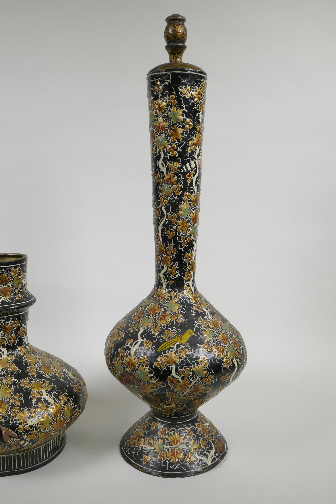 A Kashmiri papier mâché and brass hookah base, and another similar, decorated with birds amongst - Image 5 of 8