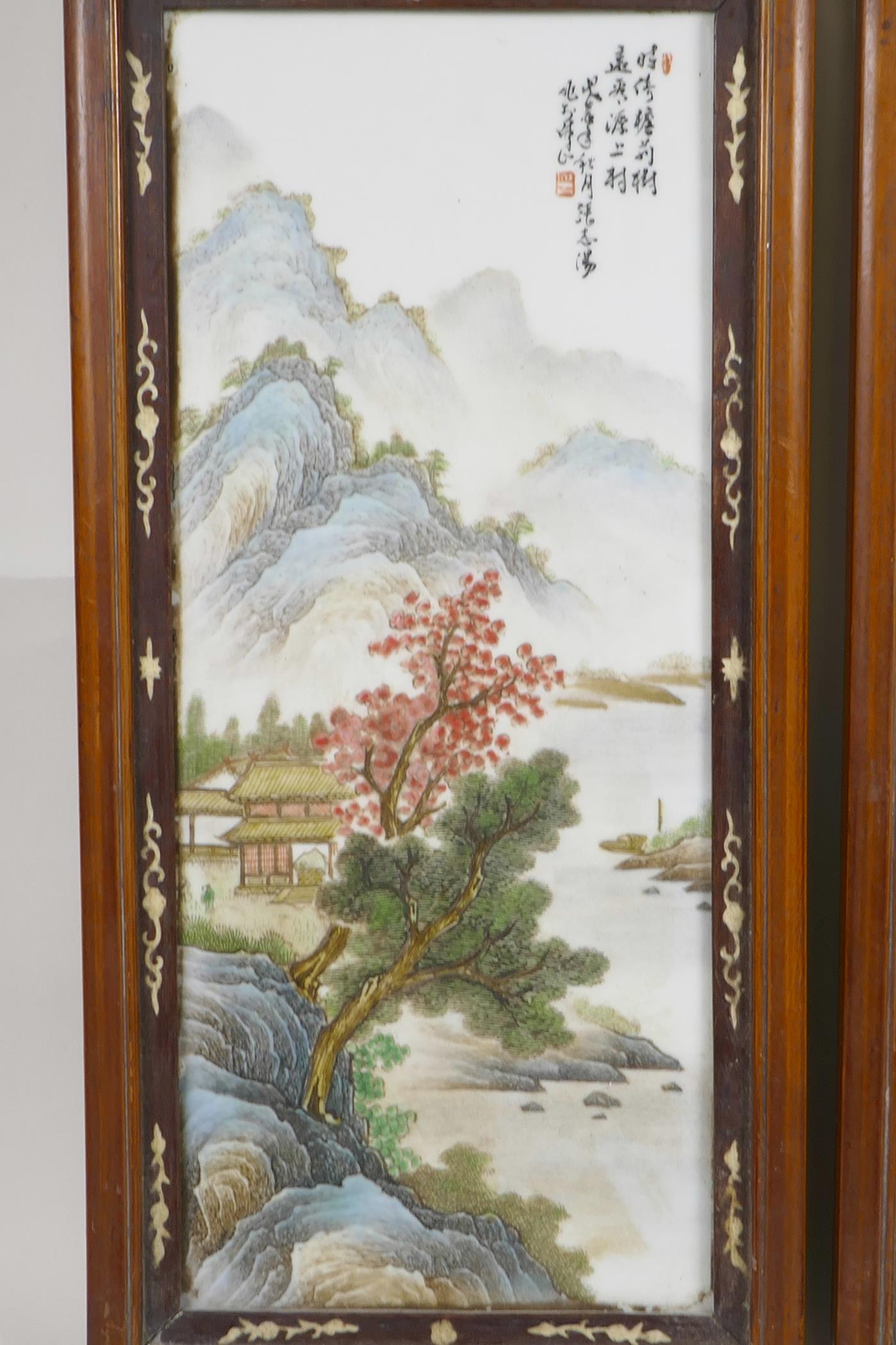 A pair of Chinese Republic porcelain panels decorated with a polychrome river landscape, mounted - Image 2 of 6