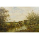 Fred Taylor, extensive river landscape, signed, inscribed on stretcher verso, oil on canvas, 19½"