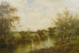 Fred Taylor, extensive river landscape, signed, inscribed on stretcher verso, oil on canvas, 19½"