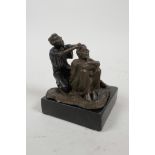 After Bergman, a cold painted bronze figure of a Moor giving a head massage, 3" high