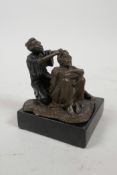 After Bergman, a cold painted bronze figure of a Moor giving a head massage, 3" high