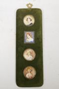 A set of four portrait miniatures by the same hand, monogrammed indistinctly, in a single frame, 17"