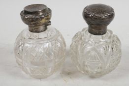 Two cut glass dressing table perfume bottles with hallmarked silver tops, hallmarked Birmingham 1885