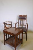 An Arts & Crafts elbow chair, a corner chair with bow back and a two tier mahogany occasional