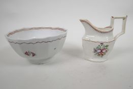 A 1795 New Hall Basket pattern porcelain bowl, hand painted with floral sprays, two firing cracks,