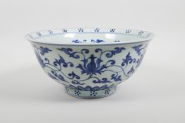 A Chinese blue and white porcelain bowl with scrolling lotus flower decoration, six character mark