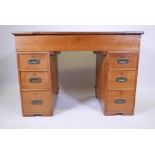 A C19th teak ship's pedestal desk with lift up top, lacks feet, 42" x 24" x 29" high